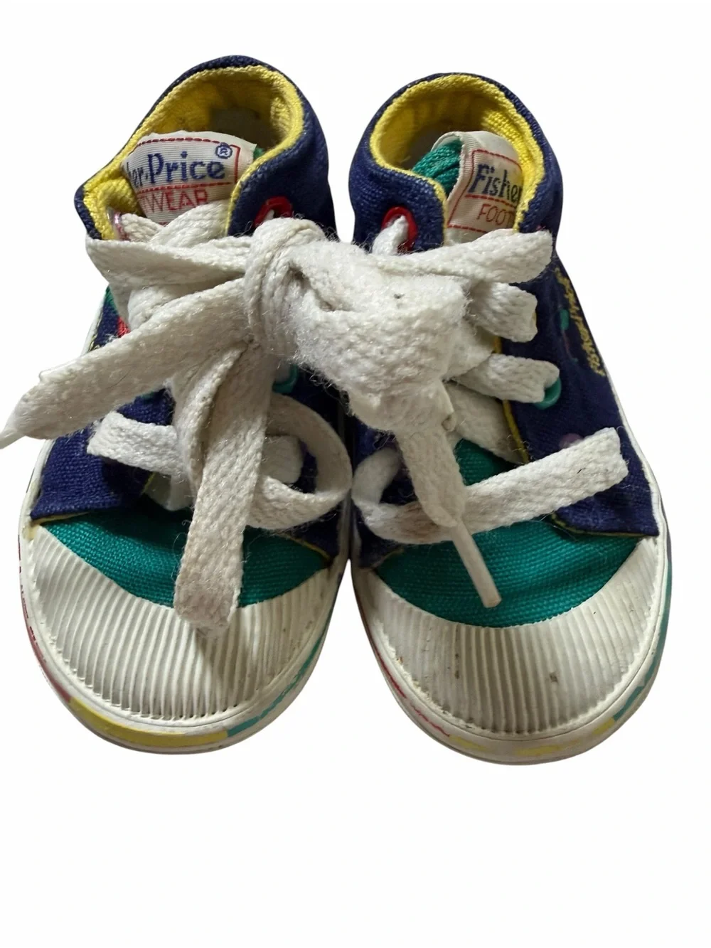 Vtg Fisher-Price Navy, Teal & Yellow Baby High-Top Sneakers 3